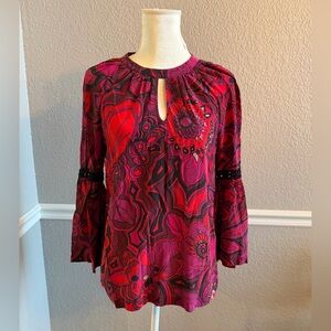 Trina Turk Silk Psychedelic Floral Blouse Pink Red Bell Sleeve Lace Boho Top S